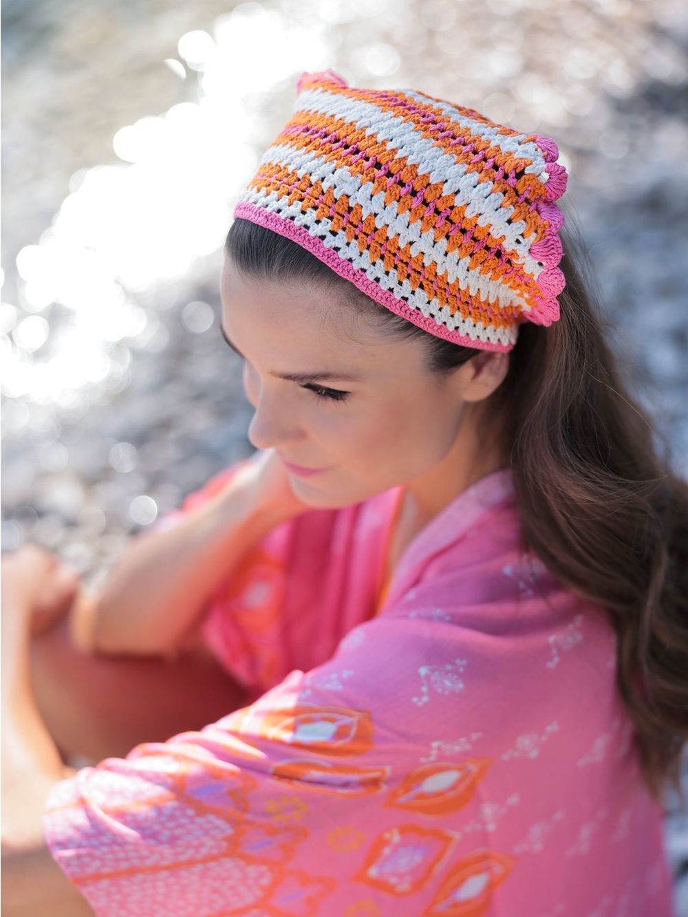 Shiraleah Chicago Luna Stripe crochet headscarf. NWT pink orange and white